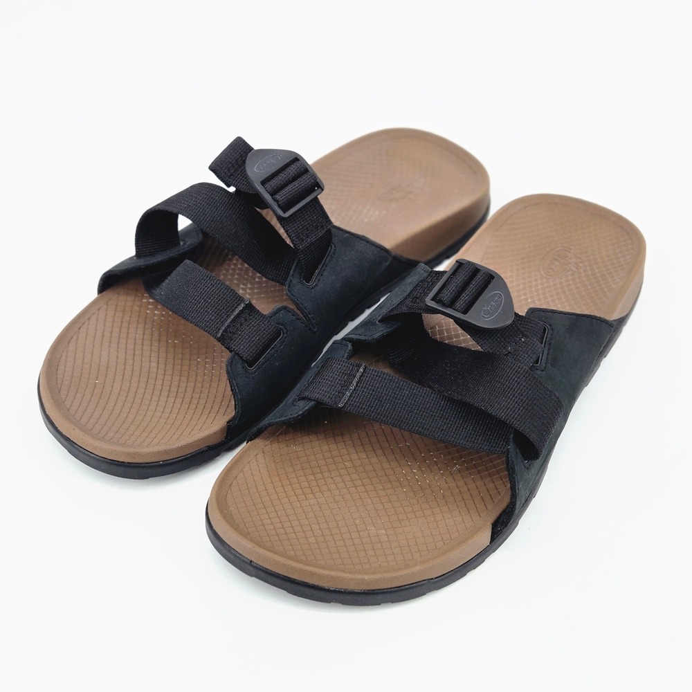 Chaco Men Lowdown Leather Slide Sandals Black Brown Water Travel Gorpcore 13 EUC